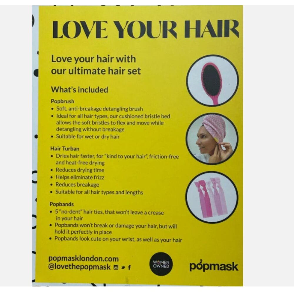 Popmask Ultimate Hair Set Detangling PINK Hair Brush & Hair Ties & TURBAN. NEW - Picture 5 of 6